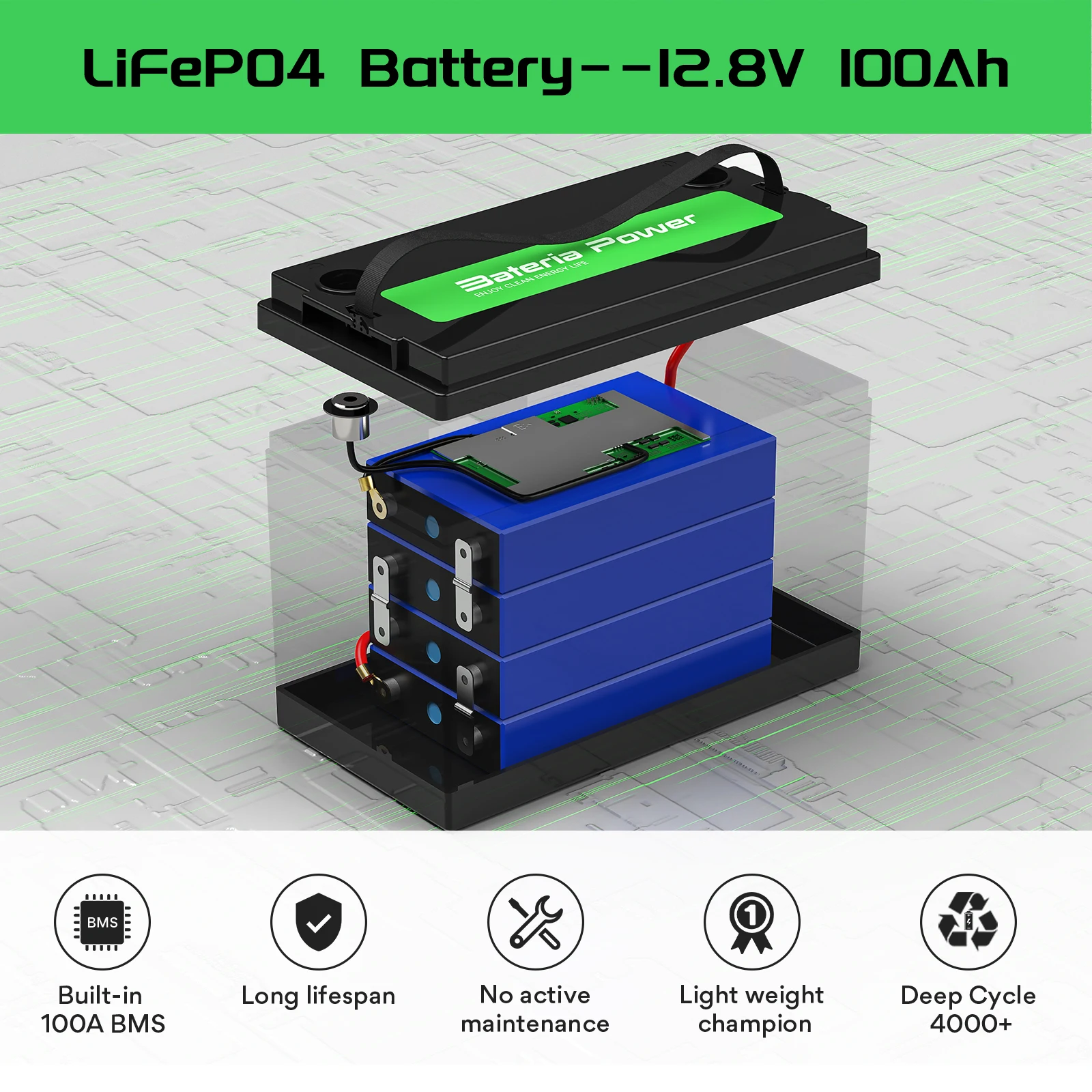 12.8V 100Ah LiFePO4 Battery Lithium Battery Built-in 100A BMS,Up to 8000 Deep Cycles, Perfect for RV, Marine,Home Energy Storage