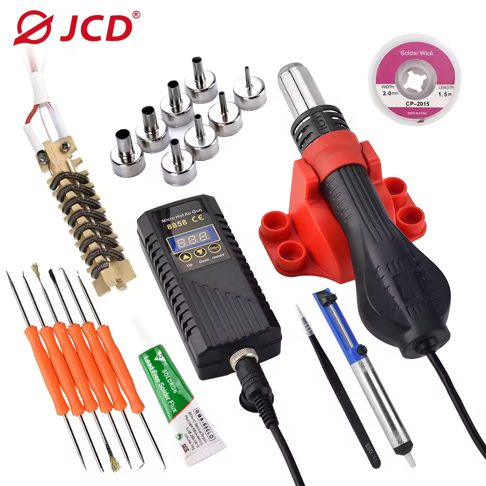 JCD 8858A פיסטולת אוויר חם מיקרו 750W תחנת עבודה להידוק עם תצוגה דיגיטלית LCD מייבש שיער כלי תיקונים להידוק BGA SMD פיסטולת חום