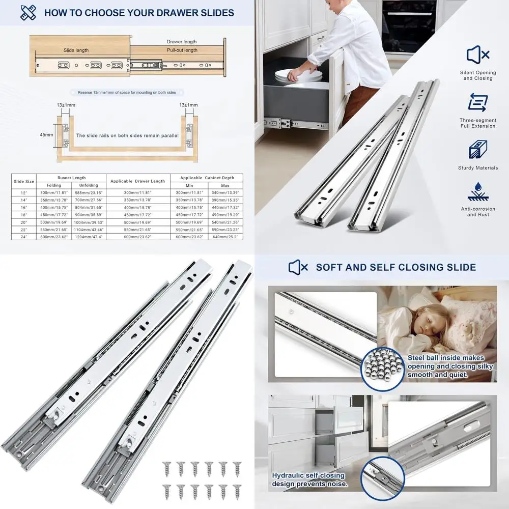 

18-дюймовые направляющие для выдвижных ящиков с плавным закрыванием, полноприводные шариковые направляющие, боковые направляющие для выдвижных ящиков повышенной прочности
