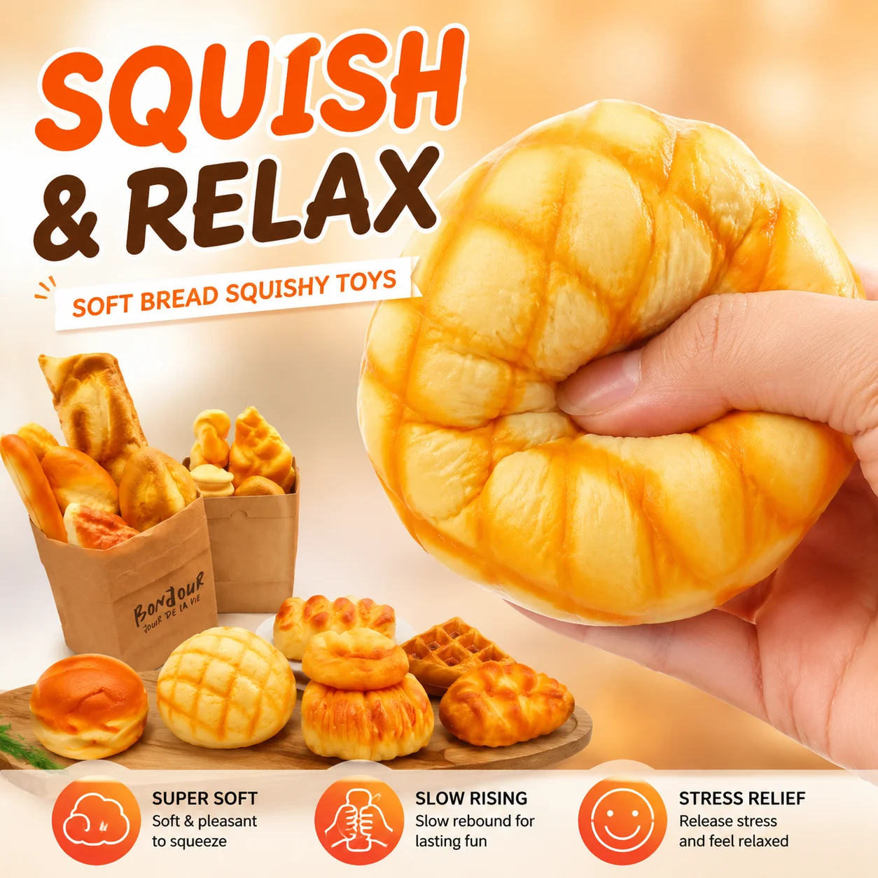 Soft PU Slow Rebound Simulation Bread Squishy Toy Fake Food Baguette Conch Bread Stress Relief Toy Creative Decorative Ornament