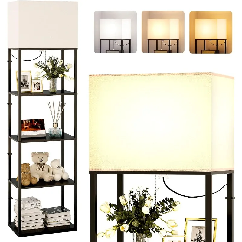 Floor lamp with Shelves Super Large Size (19''W), 5-Tier Modern Floor lamp with 3 Color Temperatures LED Bulb, Display