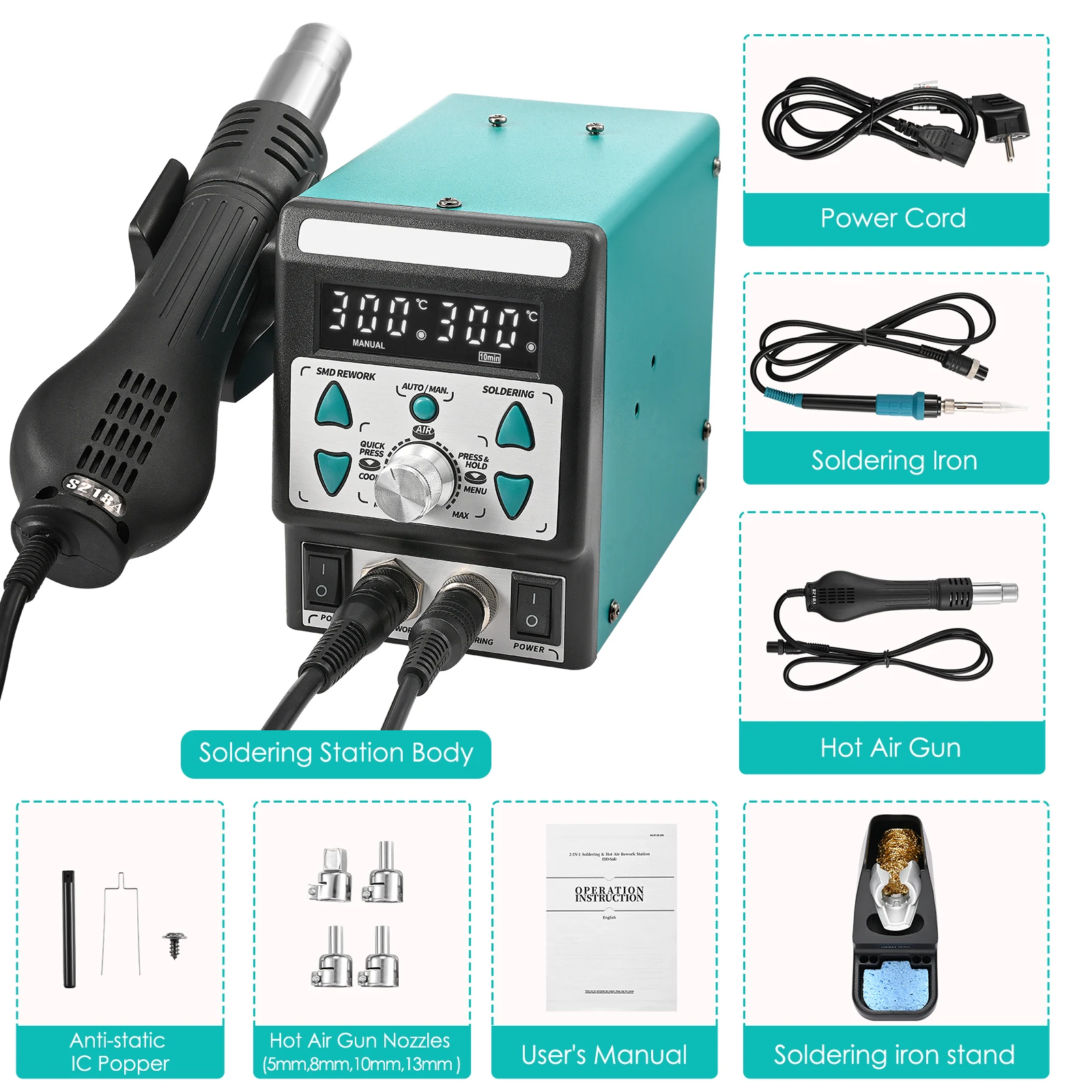 

2 in 1 Hot Air Rework Soldering Iron Station °F /°C Cool/Hot /automatic/manual Air Conversion Digital Temperature Correction