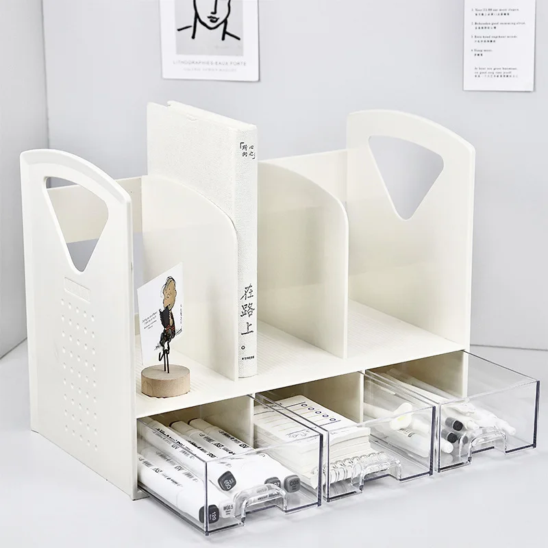 Space Saving Bookend with Drawers Desktop Storage Rack 3 Compartments Book Stand for Student Desk Office Document Organizer