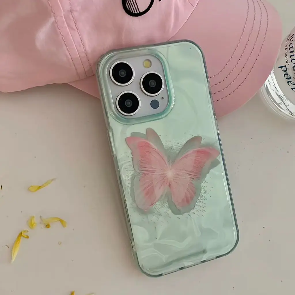 Ins Stylish Green Background Water Ripple Pink Butterfly Phone Cover Case For iPhone 15 14 13 12 Pro Max