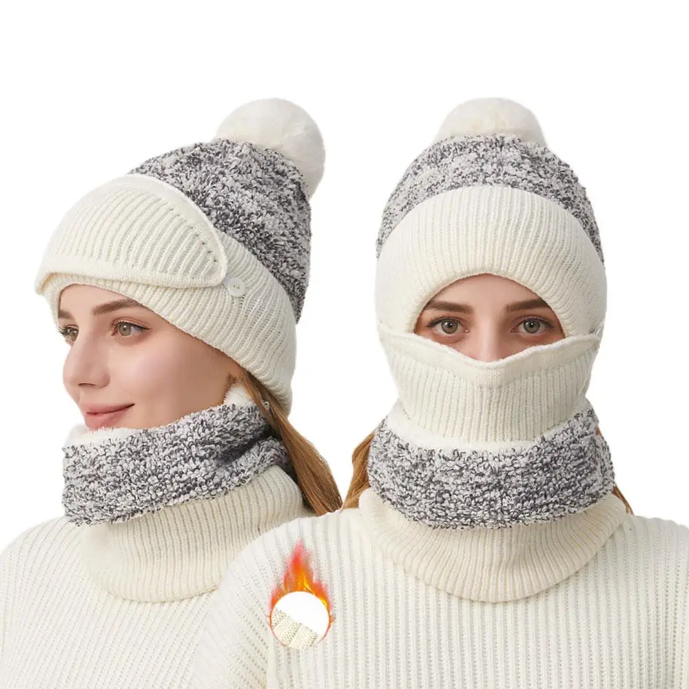 3 in-1 หมวกฤดูหนาวหมวก PomPom Slouchy ขนแกะ Balaclavas หมวก Face Mask ผ้าพันคอคอถักอบอุ่น