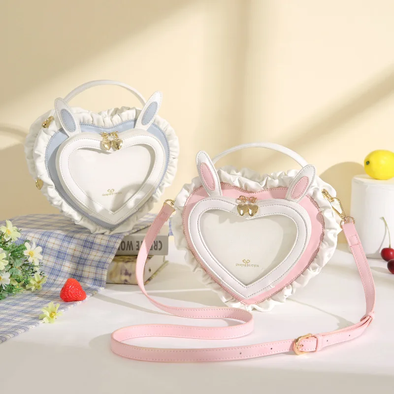 

2025 New Rabbit Ears Peach Heart Transparent Pain Bag Bar and Grip Handheld Single Shoulder Women's Cute Lace Bag Lolita