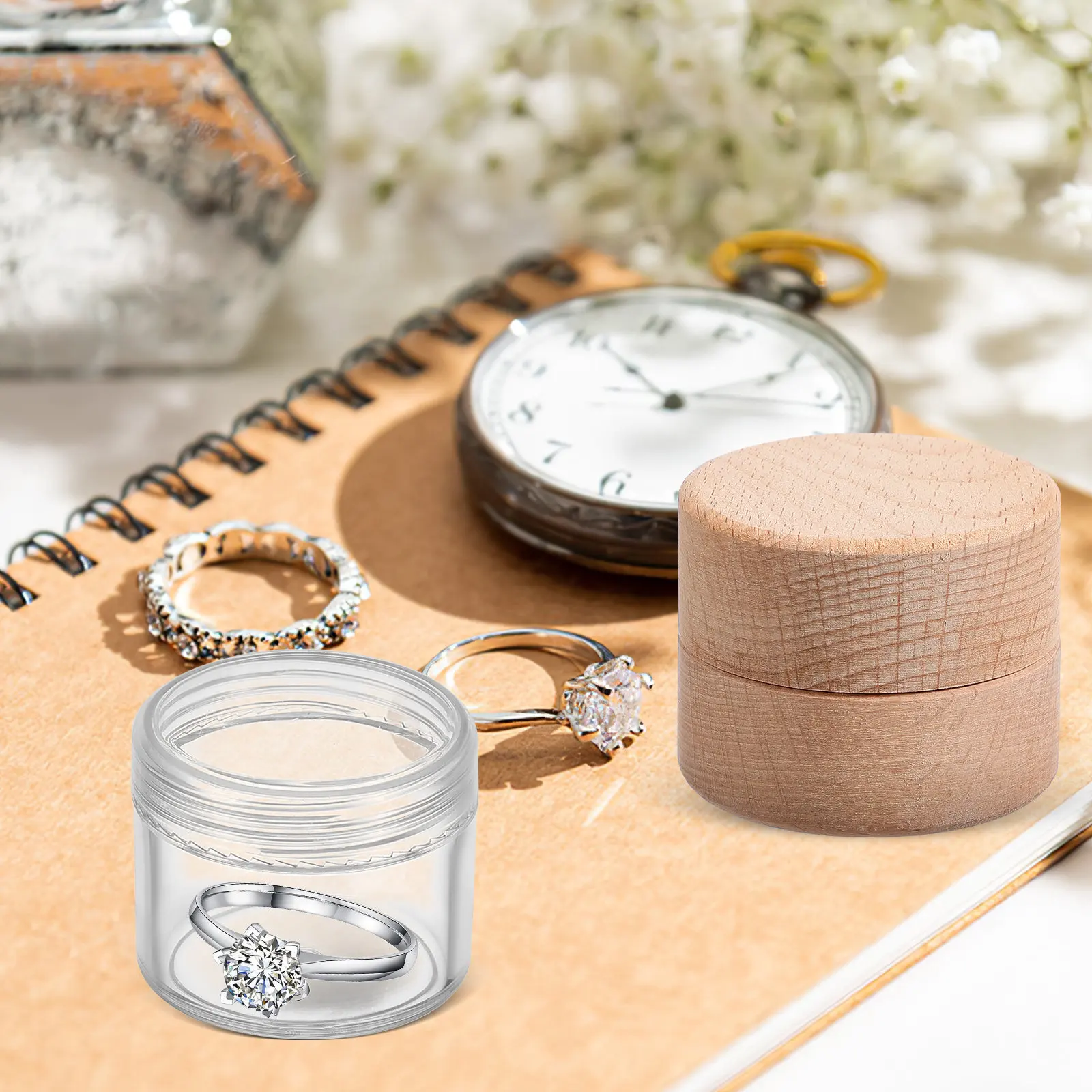 

1Set Wooden Round Ring Box Small Beech Jewelry Holder Clear Lidded Compact Ring Storage Case Wedding Engagement Organizer