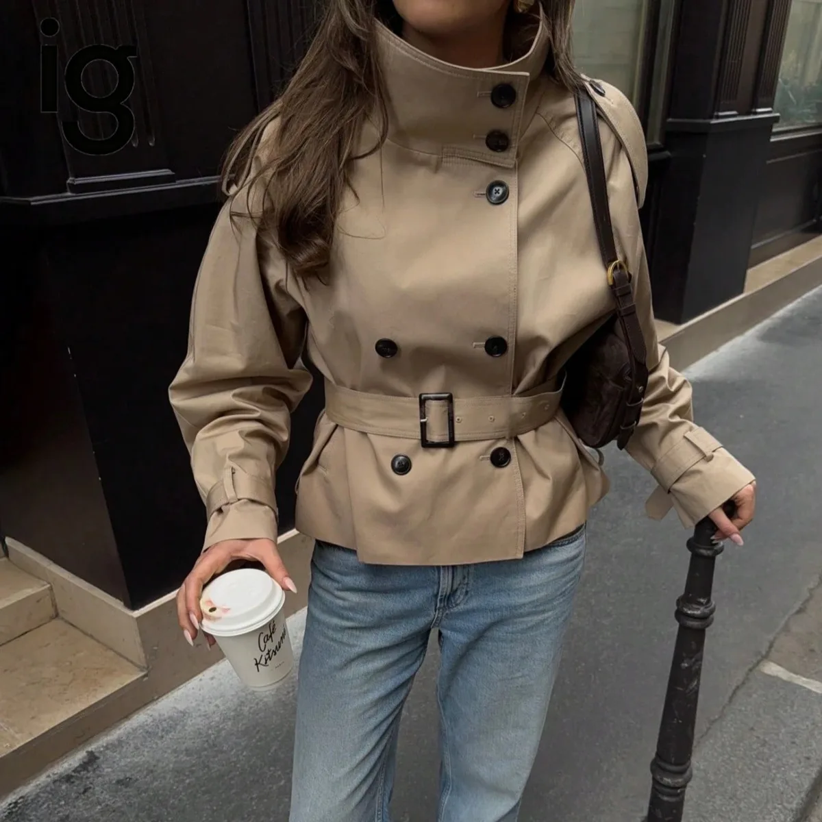 Women Cropped Trench Coat, Stand Collar Double Breasted Jacket, Belted Waist, Epaulet Design, Long Sleeve  Outerwear Windbreaker