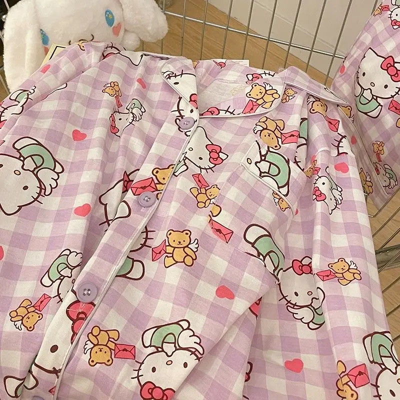 Hellokitty Cotoon Catroon Anime Cute Purple Plaid Sleepwear Comfortable Home Clothes Soft Long-sleeved Spring Autumn Pajama Set