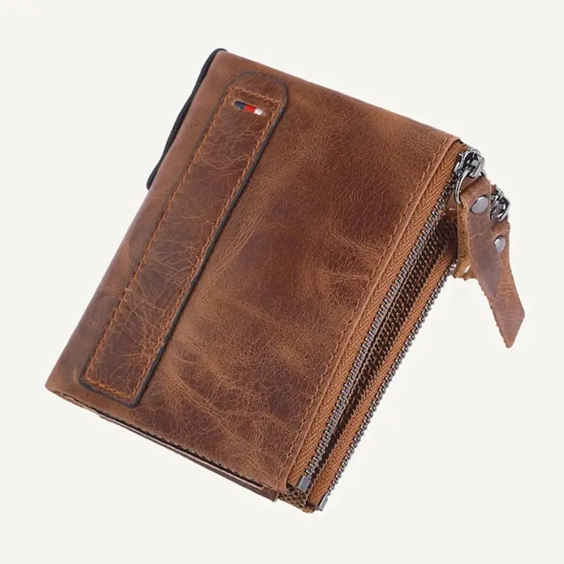 Classic Men Wallet Genuine Cow Leather Short Card Holder Leather Men Purse High Quality Designer Male Wallet with Zipper Pocket