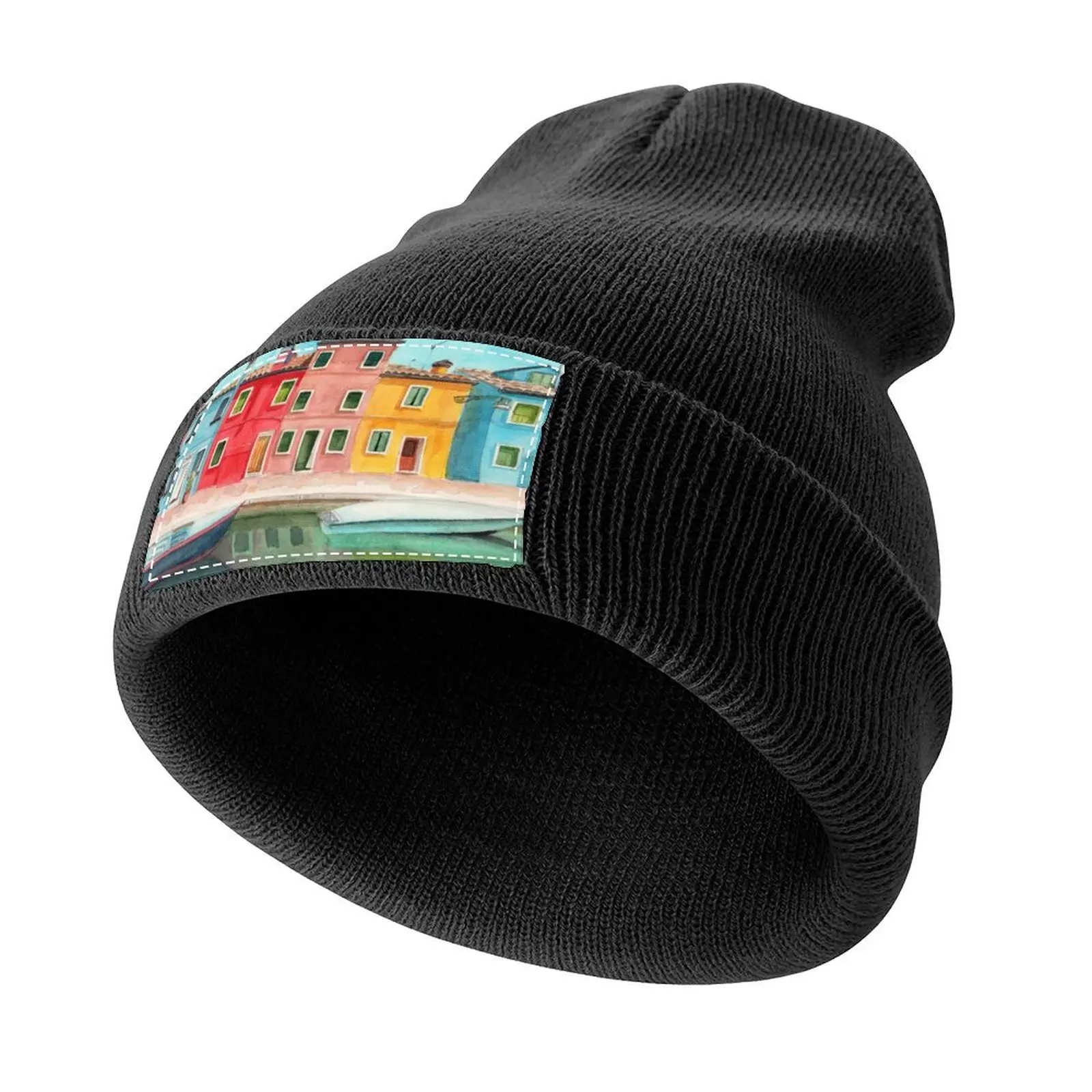 Watercolor Burano quarter in Venice Knitted Cap Fishing cap Luxury Cap Fashion Beach custom Hat Women Hats Men's