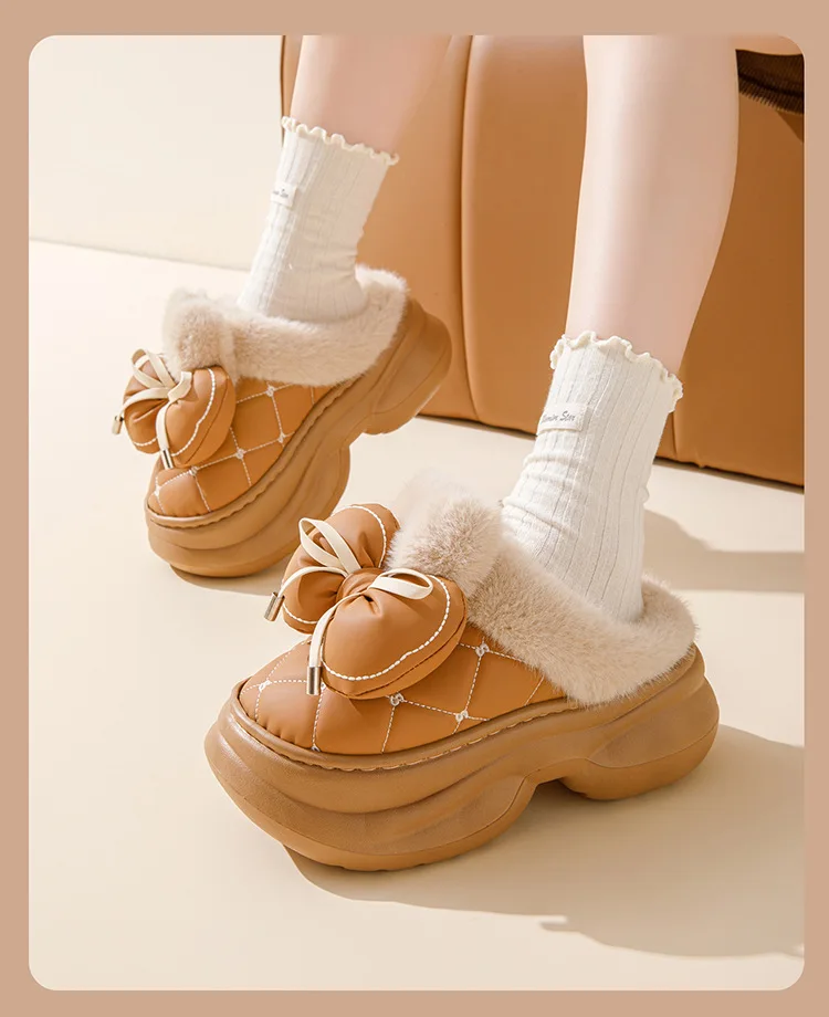 8 cm hohe Pantoffeln für Damen, klobige Plattform, Winter, pelzige Schleifenschuhe, Damen-Hausschuhe aus Kaninchenfell, wasserdichte Hasen-Mules, Clog-Schuhe – Detail 10