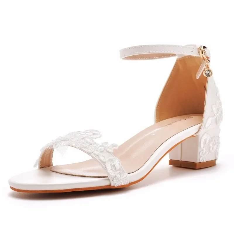 Women Summer Sandals PU 5CM Square Heel Buckle Strap Embroidery Lace Party Dress Wedding Nightclub Women Shoes White