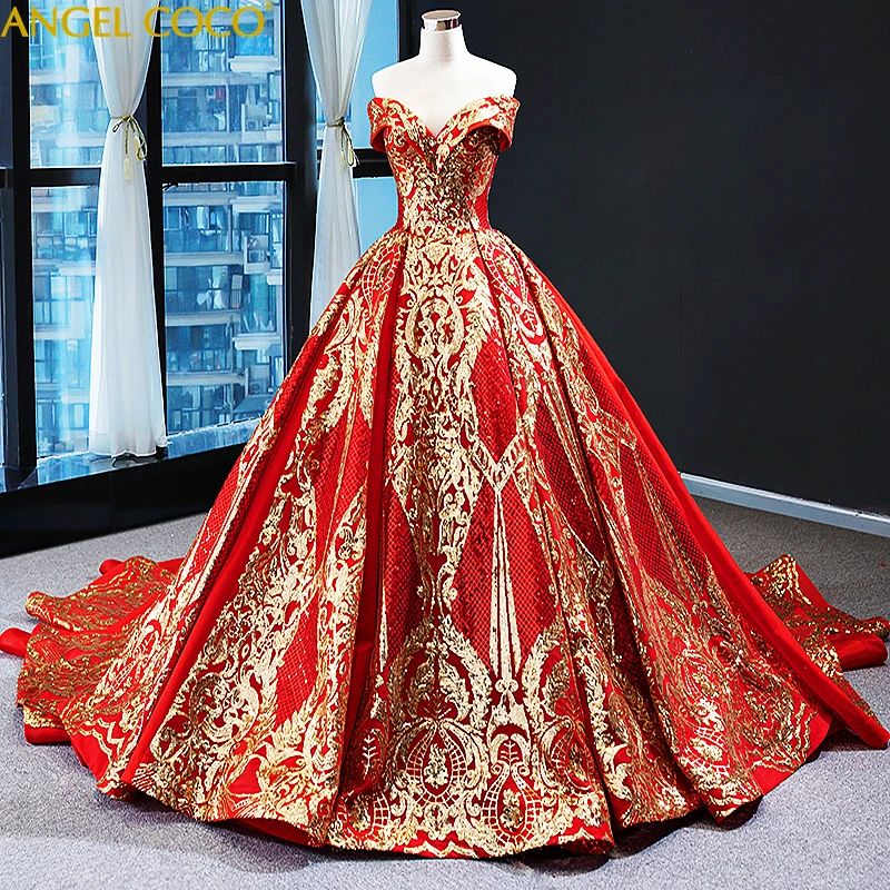 Ball Gown Maternity Evening Dresses Off the Shoulder Sweetheart Gold Shiny Formal Long Evening Gowns Muslim Party Prom Dresses