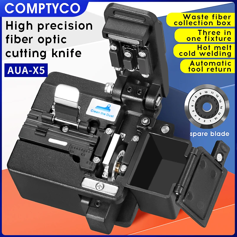 COMPTYCO AUA-X5 Optical Fiber Cleaver FTTH High Precision Cutting Tool Fiber Optic Cable Cutting Knife With Waste Fiber Box