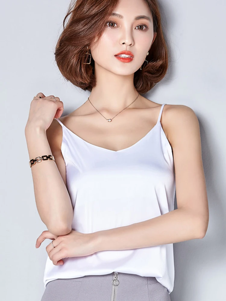 여성용 스트랩 기본 스파게티 스트랩 탑 여름 2026 섹시 새틴 실크 탱크탑 여성용 민소매 캐미솔 캐미 베스트 그린 레드