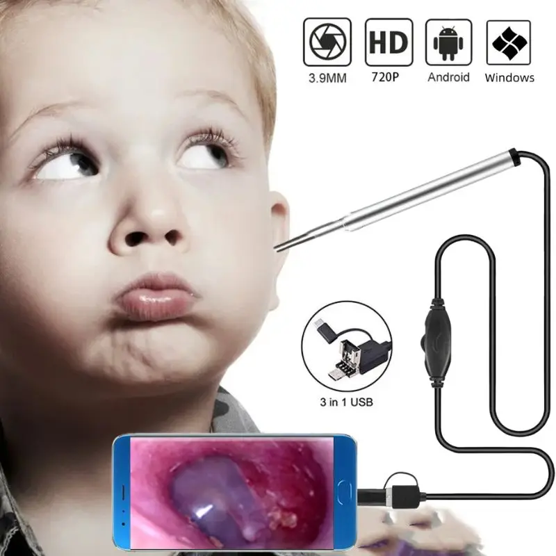 

3.9MM 3 in 1 HD Visual Ear Endoscope Camera USB Otoscope Ear Scope Ear Wax Cleaning Tools for Android Phone PC