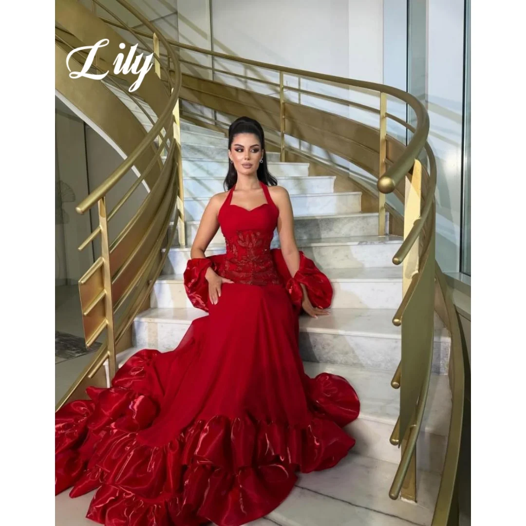 

Lily Elegant Red Prom Dress Sweetheart Neck Beaded Top Tiered Ruffle Hem Spaghetti A-Line Evening Dresses For Women Customized