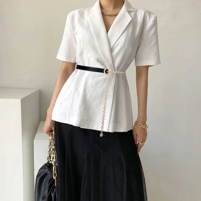 

Thin Belt Women Metal Chain Black PU Leather Splicing Belt Trendy Shirt Decoration Suit Matching All-Match Dress Shirt Chain