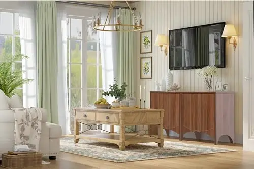 خزانة جانبية مخددة مع أرفف قابلة للتعديل، بوفيه بأربعة أبواب من خشب الجوز المقوس