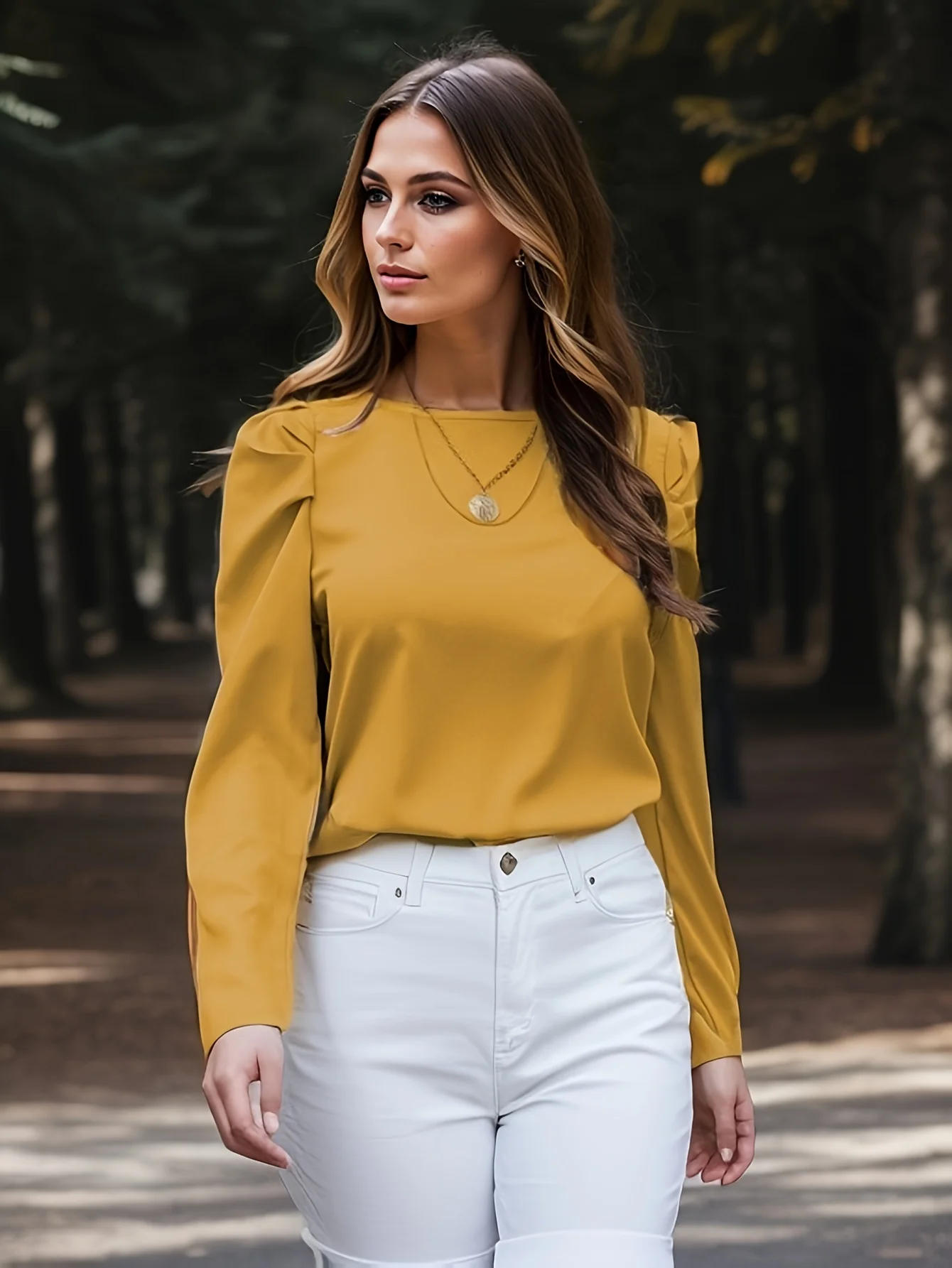 Casual Pullover Blouse Elegant Long Sleeve Ruched Blouse - Women\'s Solid Crew Neck Top for Casual and Formal Wear