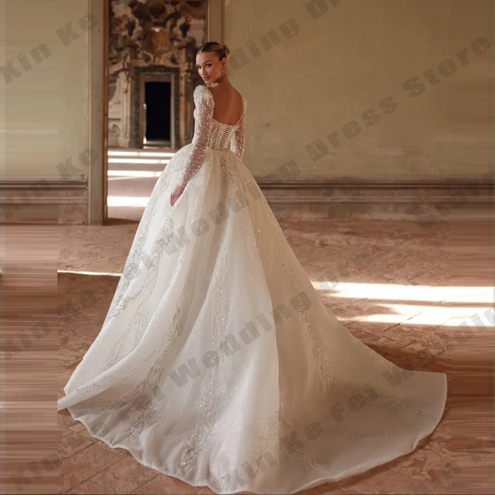 Glitter Women's Bridal Gowns A-line Square Neck Elegant Long Sleeve Princess Wedding Dresses Formal Party Customized vestidos
