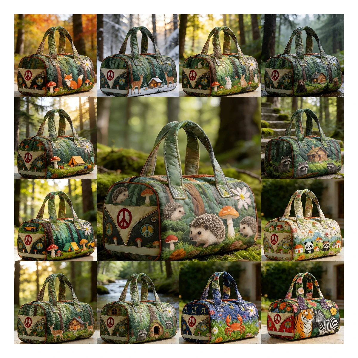 

Men's Retro Peace Animals Print Quilted Duffle Bag Unisex Casual Travel Tote Handbag Women's Weekender Bag