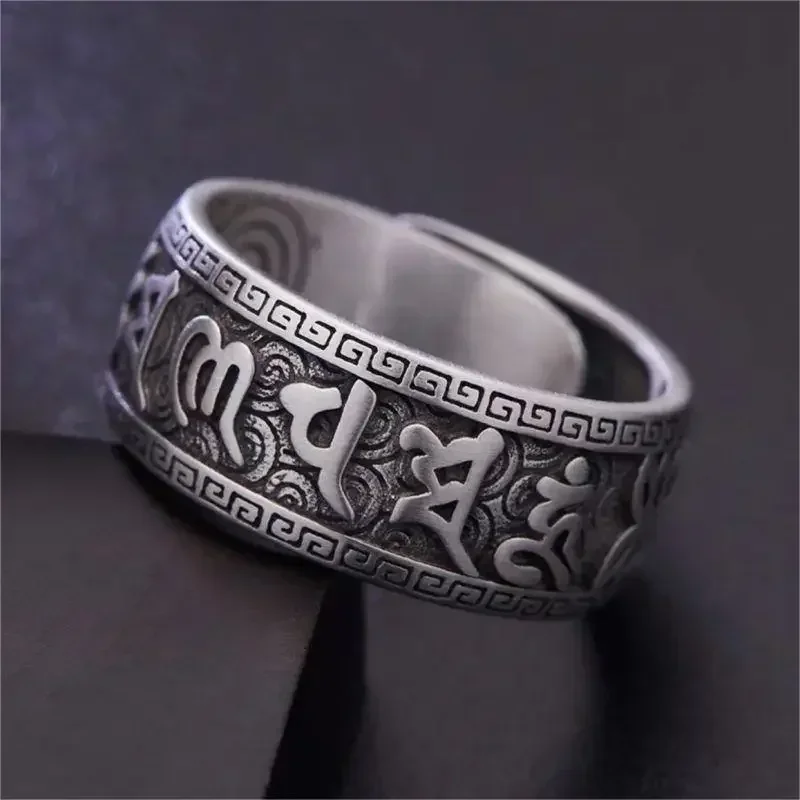 925 Silver Ring Male Finger Accessories Personality Retro Buddhist Scripture Mantra Om Mani Padme Hum Ring For Men Adjustable