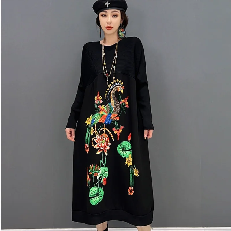 Vefadisa 2024 Autumn Fashion Women Round Neck Pullover Dress Loose Mid-length Printing Embroidery Knitting Dress Black LHX2550