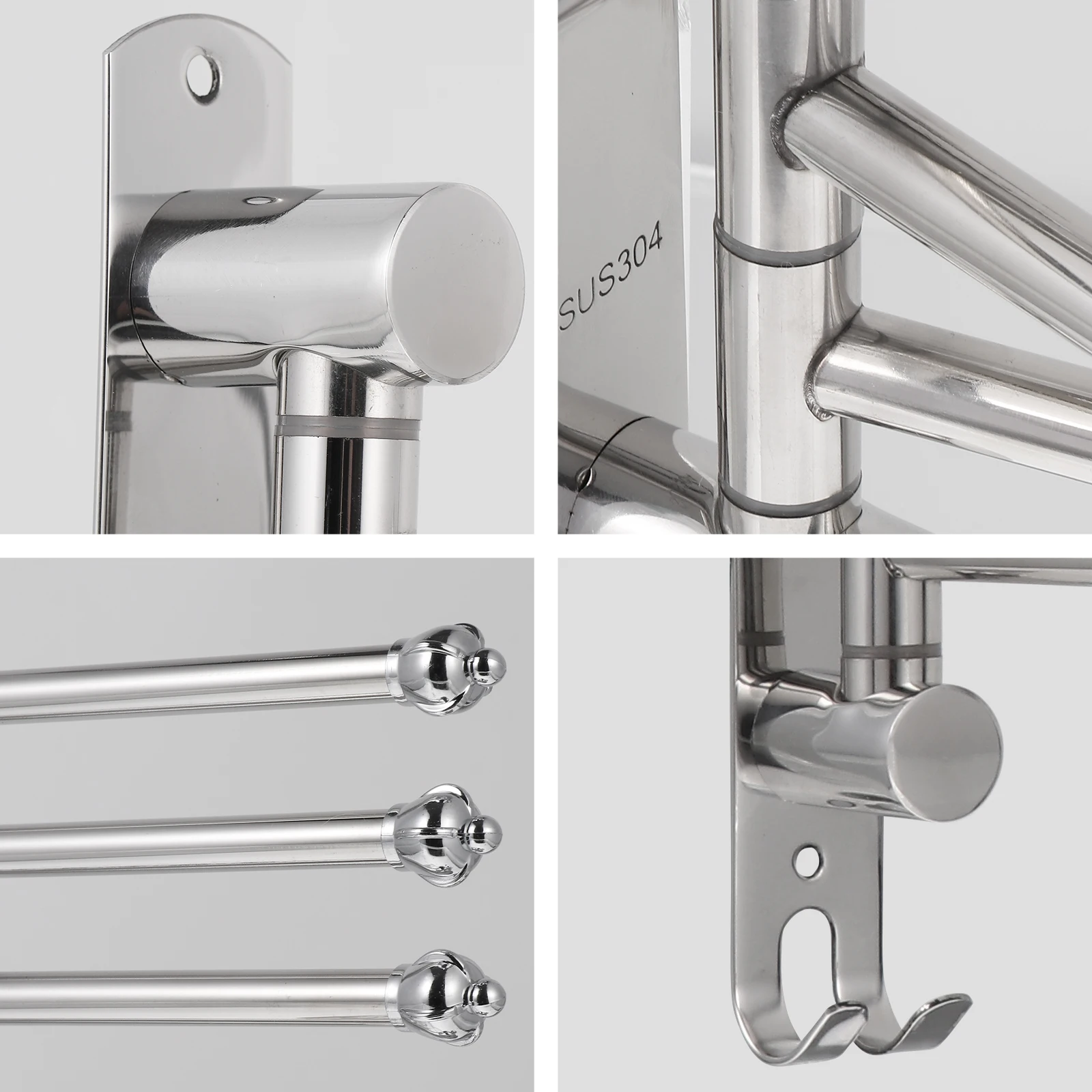 

Stainless Steel Swivel Wall Mounted No Punch Heavy Duty Holder Double Hooks Rotating Bar Organizer For Bath Face Towels Towel