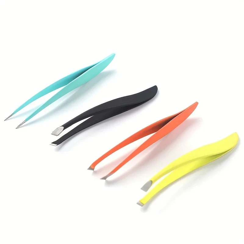 4Pcs Professional Colored Stainless Steel Tweezers Kit Multi-functional Eyebrow Plucking Nose Facial Hair Remover Beauty Tool