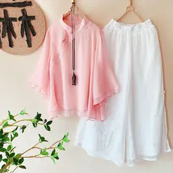 Improved Hanfu Women's Two-piece Cheongsam Clothing Summer Chinese Style Embroidered Disc Button Trousers Retro Two-piece Suit