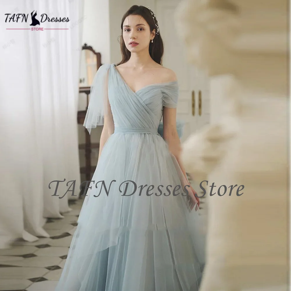 TAFN Fairy Tulle Long Dusty Blue Prom Dresses Lady Floor Length Evening Gowns Wedding Party Dress customized