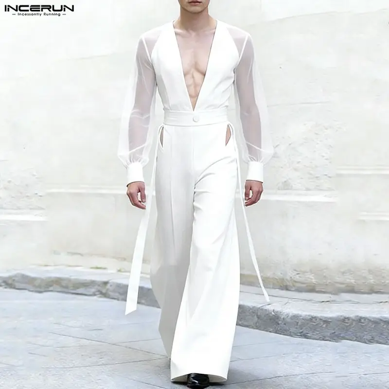 

Мужские комбинезоны с сетчатыми вставками, прозрачные, с V-образным вырезом, длинными рукавами, INCERUN, уличная мода, модные мужские комбинезоны с вырезами