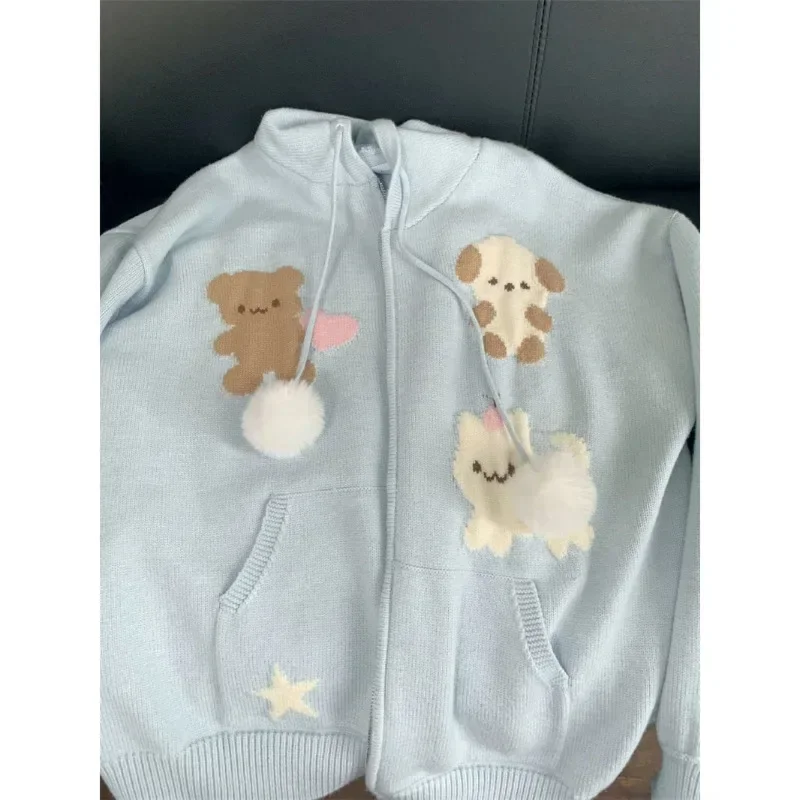 Cartoon Animal Jacquard Loose Knitted Cardigan Women Hooded Kawaii Preppy Style Korean Sueter Mujer Blue Sweaters Zipper Coats