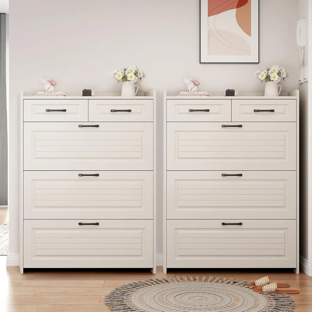 2PCS Shoe Cabinets, Flip Down Shoe Rack Wood 4 Tier Shoes Storage Cabinet, 3 Doors 2 Drawers Narrow Shoe Cabinets