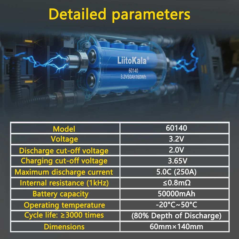 8 pièces LiitoKala 60140 3.2V 50Ah LiFePO4 batterie, plus de 4000 Cycles pour 12V/24V/36V/48V moto/voiture/chariot de Golf/Camping