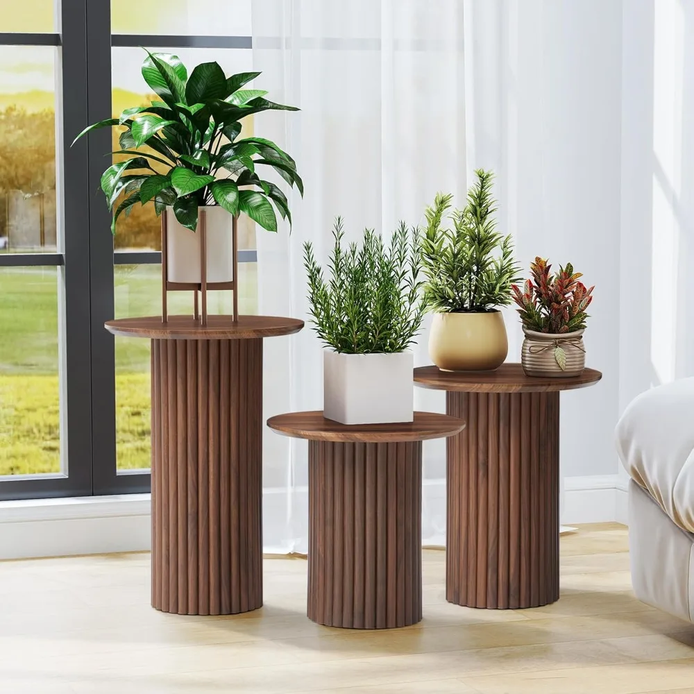 Tri-Level Nesting Coffee Table Set in Mid-Century Modern Style, Fluted Coffee and End Table Duo, Compact Circular Wooden Side Ta