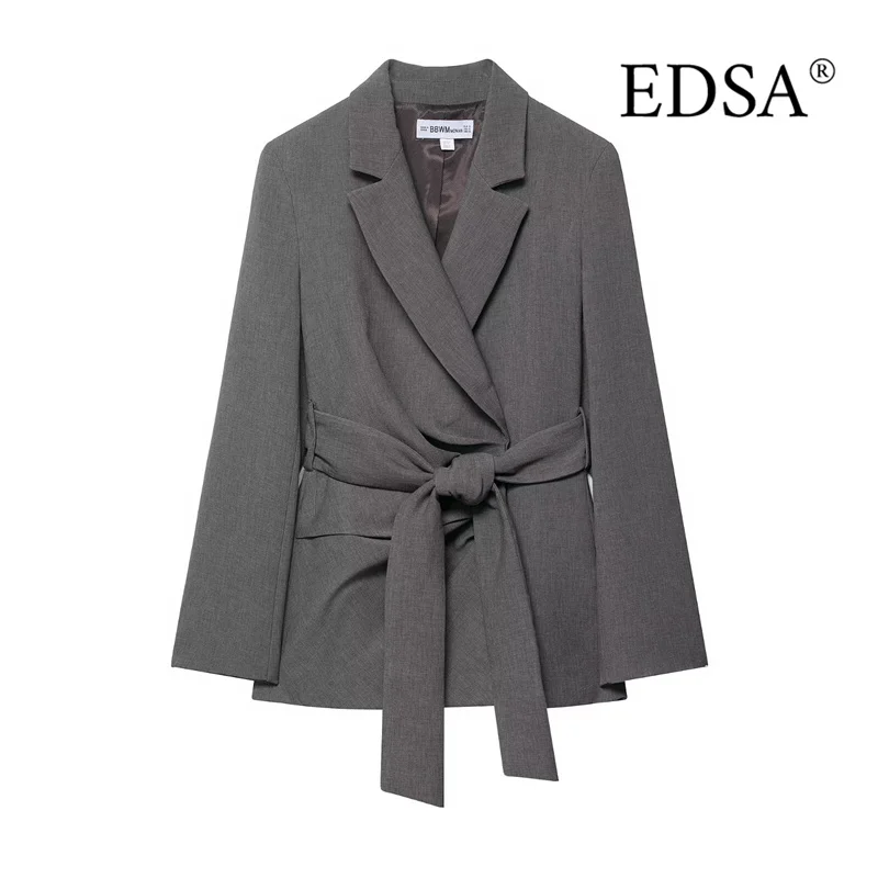 

EDSA Women Grey Blazer Jacket with Shoulder Pads Belt Long Sleeves Double Breasted for Office Lady Outerwear