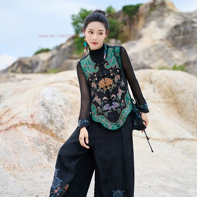 

2025 chinese vintage vest traditional satin jacquard o-neck folk vest flower embroidery vest sleeveless jacket retro hanfu tops