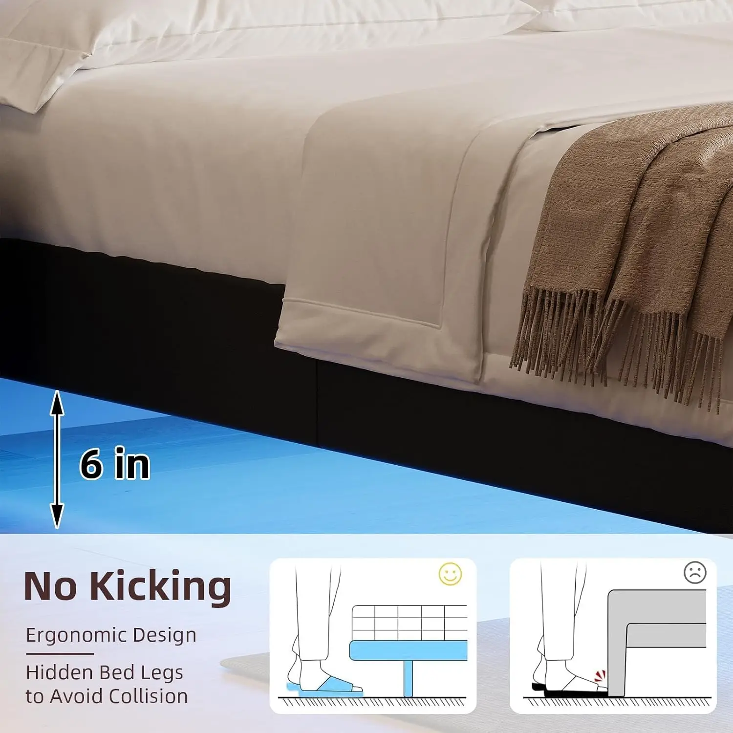 Floating Bed Frame with LED Lights, Upholstered Bed Frame Twin with Diamond Headboard, No Box Spring Needed, Noise, Custom view 6