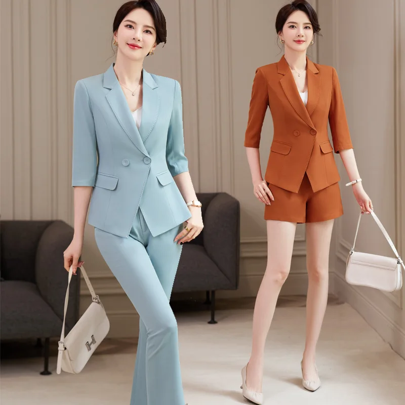 

High-Grade Lake Blue 3/4 Sleeve Suit Suit Women's Summer Thin Business Wear Suit Bootleg Pants Two-Piece Suit