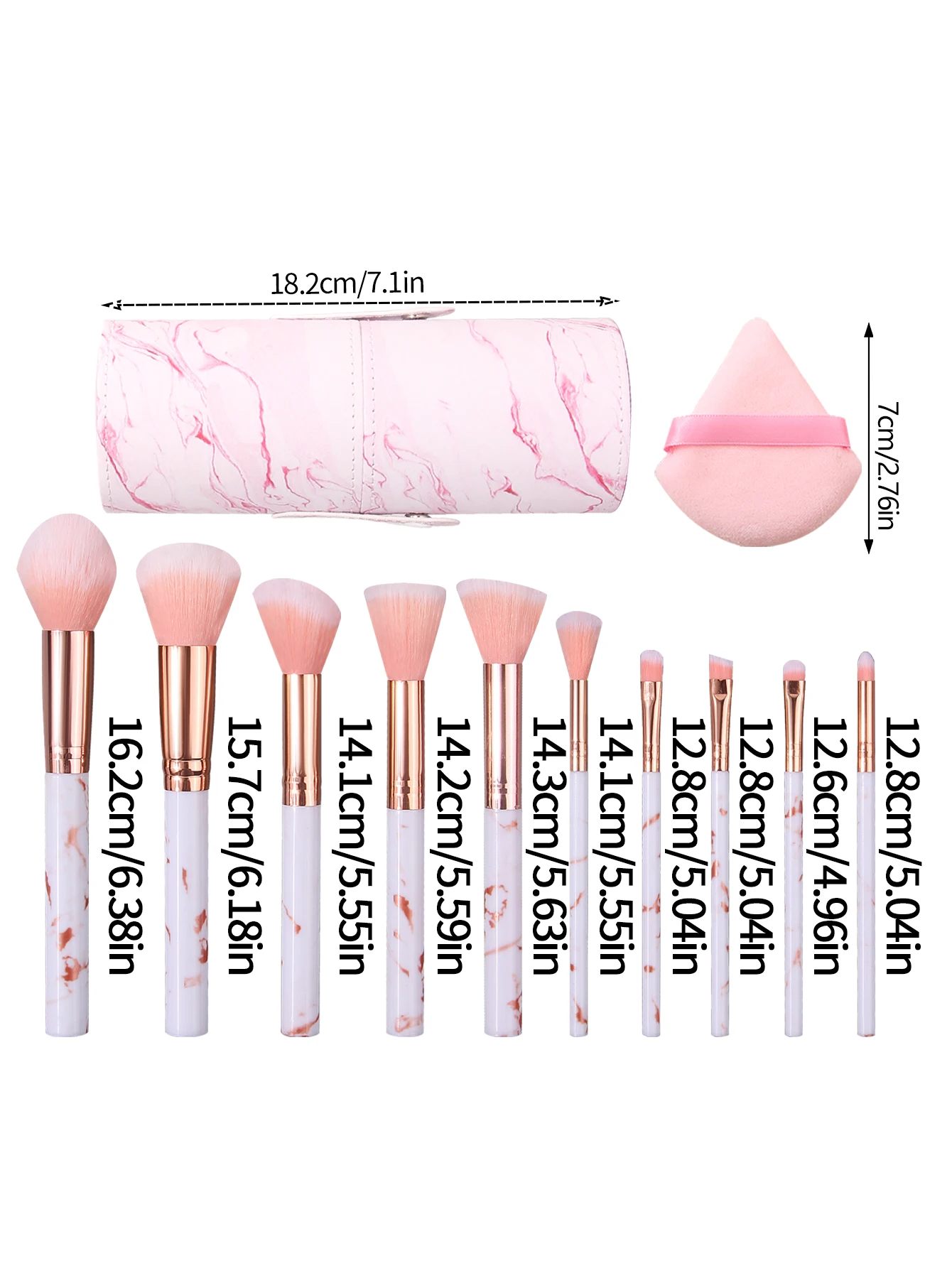 13PCS 핑크 메이크업 브러쉬 세트 - 대리석 무늬 브러쉬 10개, 삼각형 파우더 퍼프 2개, PU 가죽 보관통 포함