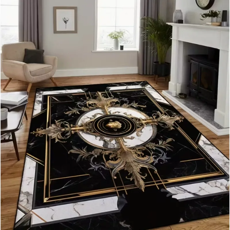 Luxuriöse Teppichmatte im Marmor-Stil mit weichem und elegantem Gold- und Schwarz-Dekor für Wohnzimmer oder Schlafzimmer