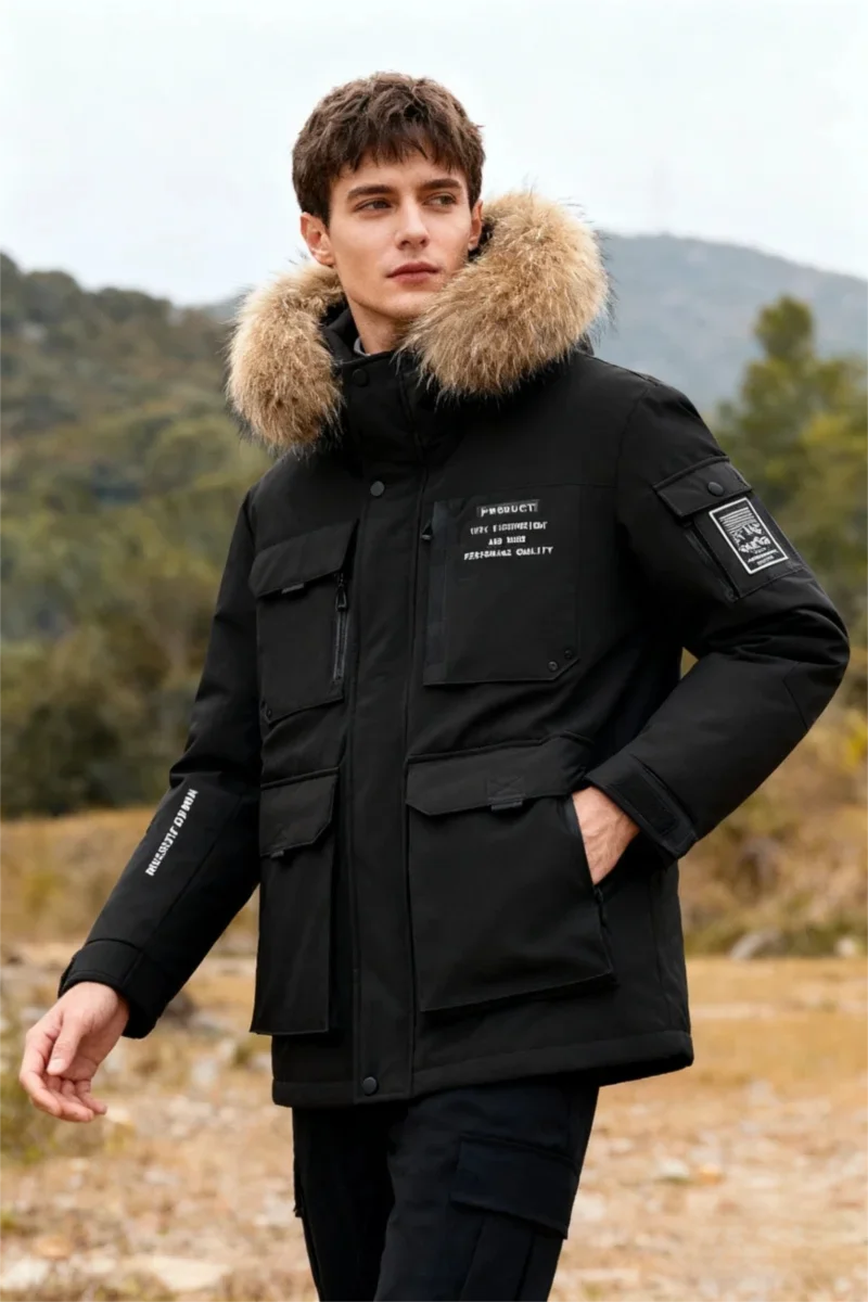 

Men's Premium Gray Goose Down Winter Parka - Windproof Cold Weather Jacket with Detachable Fur Trim Hood
