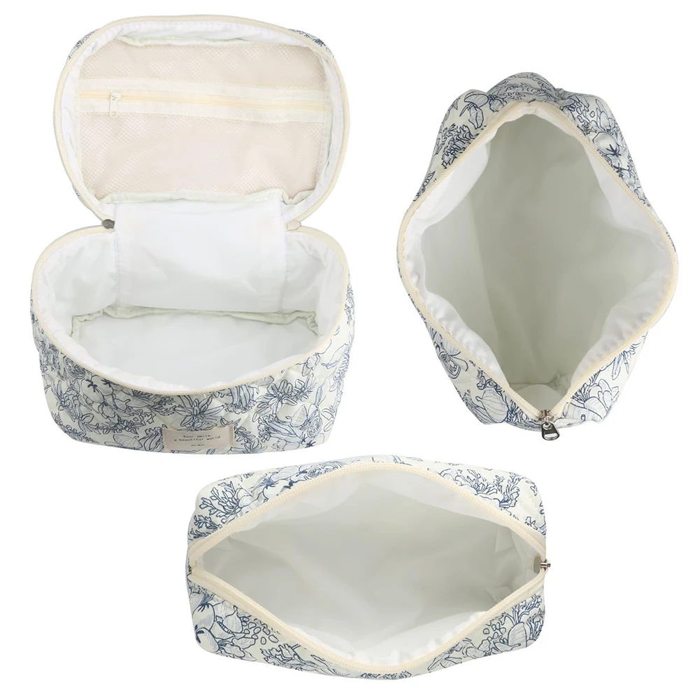 

3Pcs Floral Travel Makeup Pouch Cotton Quilted Makeup Organizer Storage Bag Large Capacity Skincare Bag with Zipper for Women