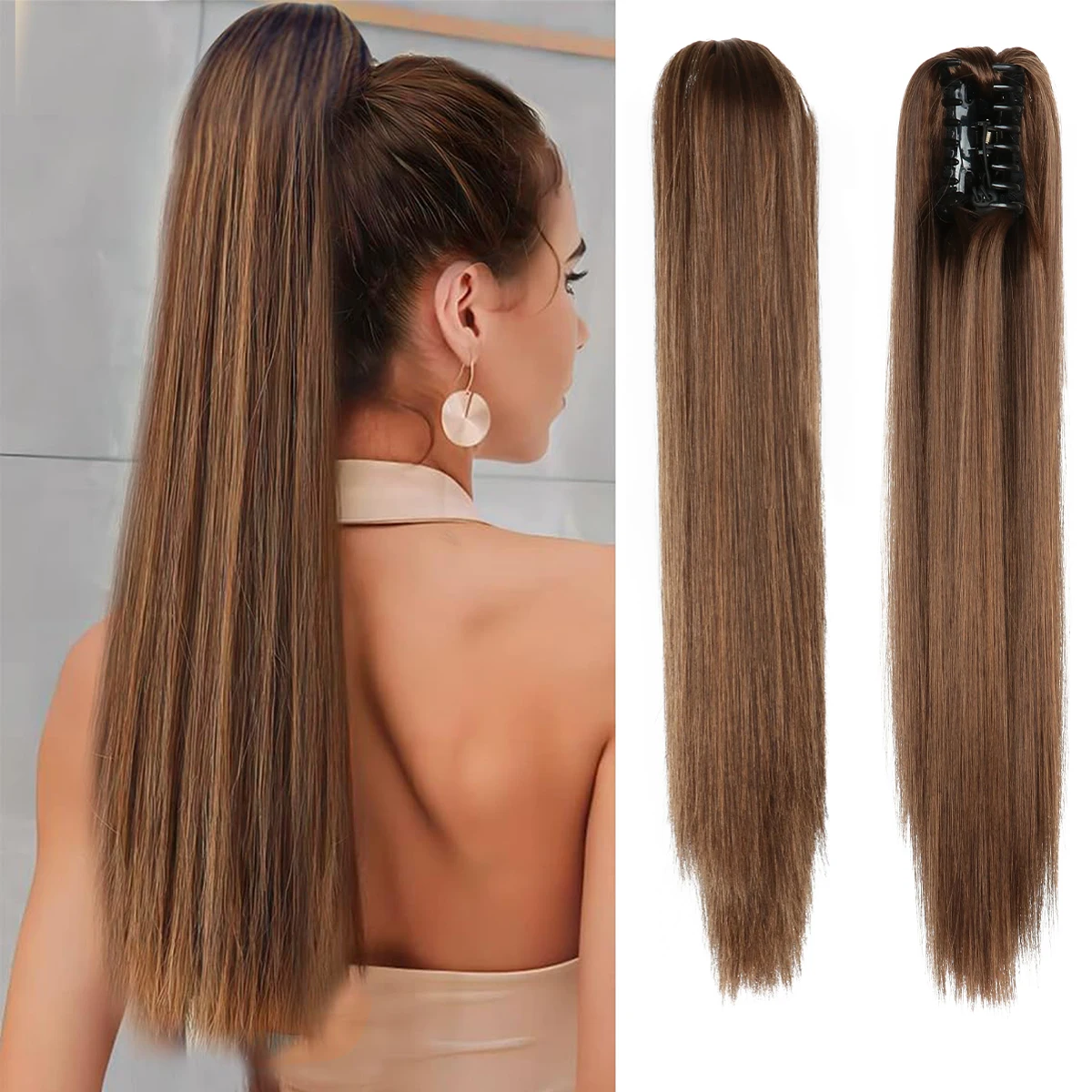 Synthetic Long Straight Ponytail Hair Extensions 22 Inch Claw Jaw Clip In Hair Extensions For Women Synthetic Fiber Hairpieces