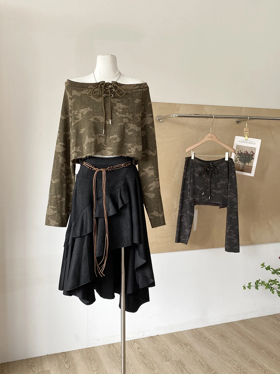 

Women's American Vintage Drawstring Camo Crop Hoodie Autumn Off-the-shoulder Y2K Spicy Girl Style Versatile Long-sleeve Tee Tops