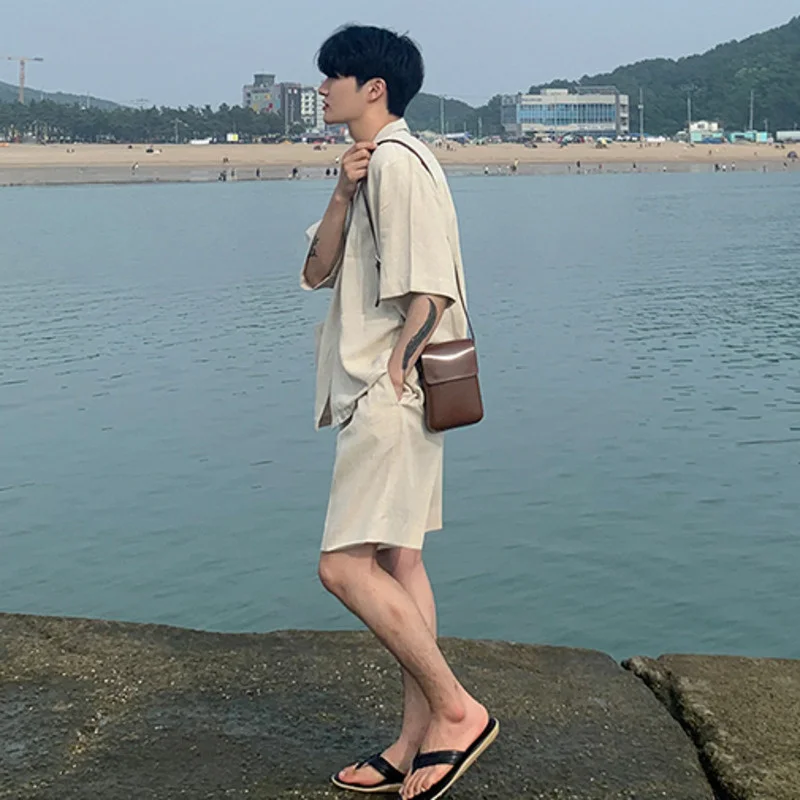 Cotton Men's Linen Short Sleeve Shirt Suit + Loose Wide Leg Shorts Summer Casual Men's Comformation Two Pieces Set 2Y8202