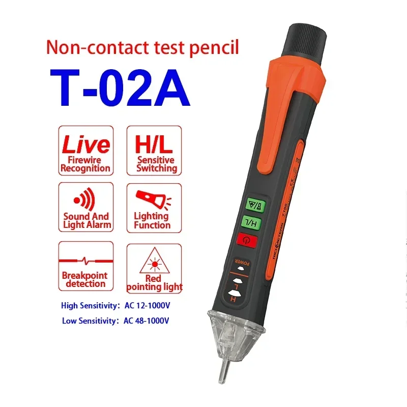 T02A NCV Voltage Tester 12-1000V AC Voltage Detector Pen Circuit Tester Electric Indicator Wall Tool With Flashlight Beeper